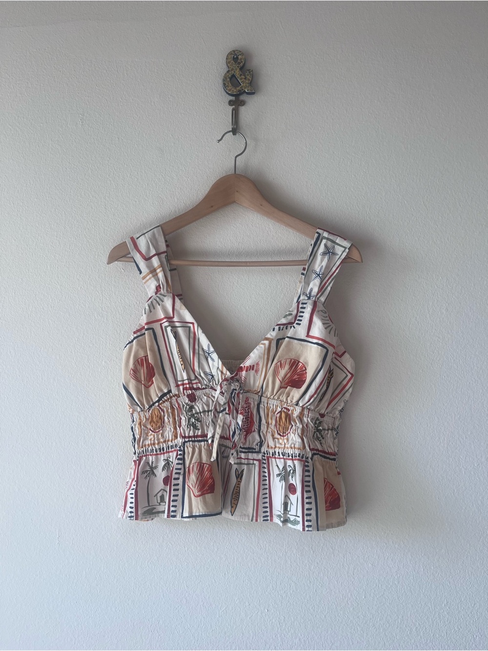 Petal & Pup Cream Printed Smocked Waist Camisole with Red & Navy Motifs
